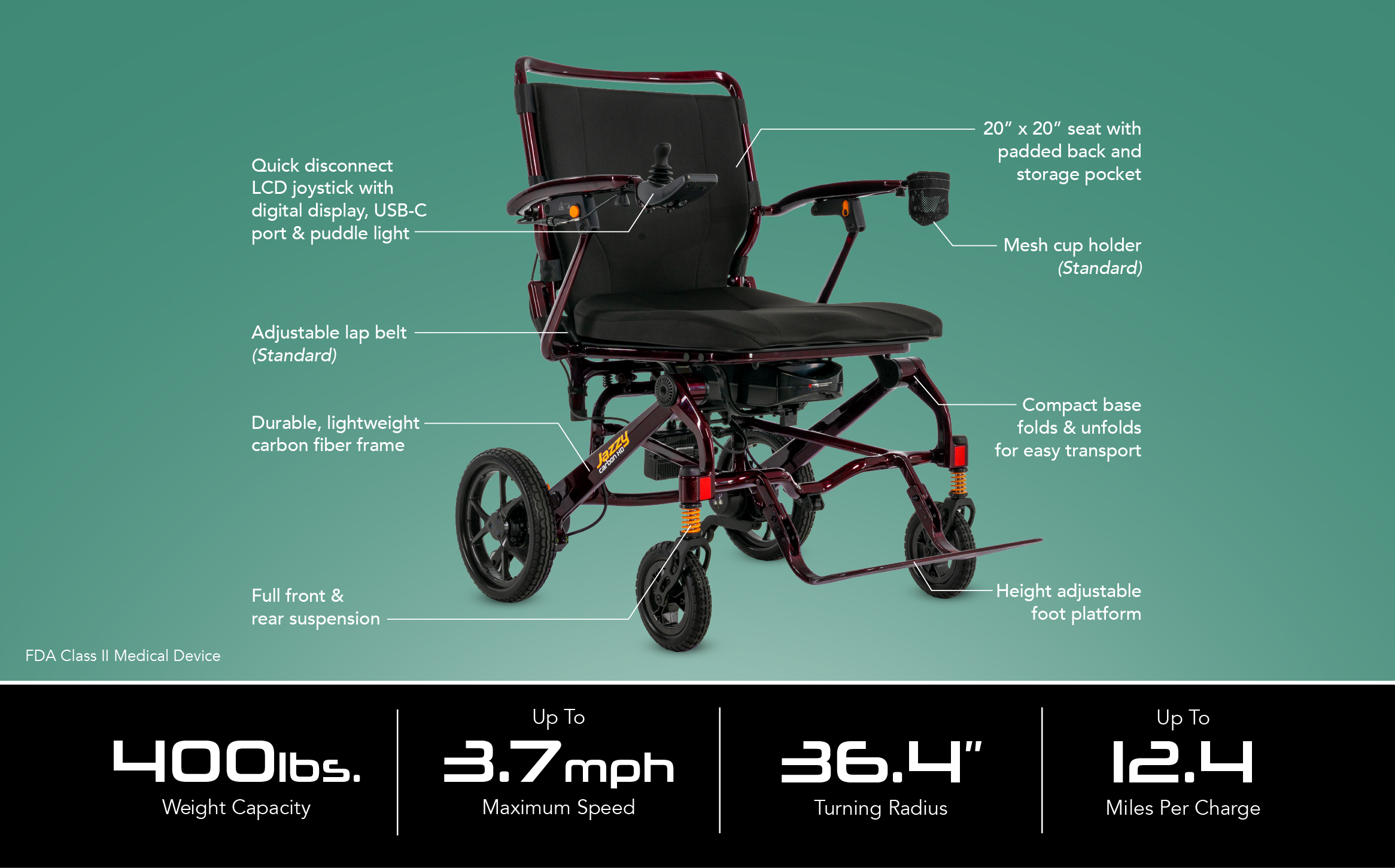 Jazzy Carbon HD Lite Folding Power Wheelchair 400 lb Capacity