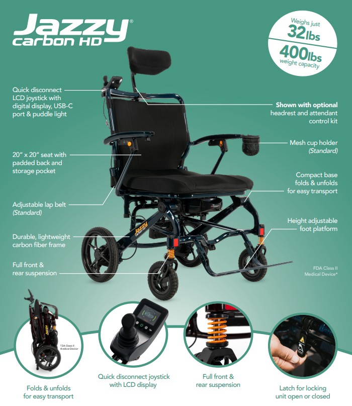 Jazzy Carbon HD Lite Folding Power Wheelchair 400 lb Capacity