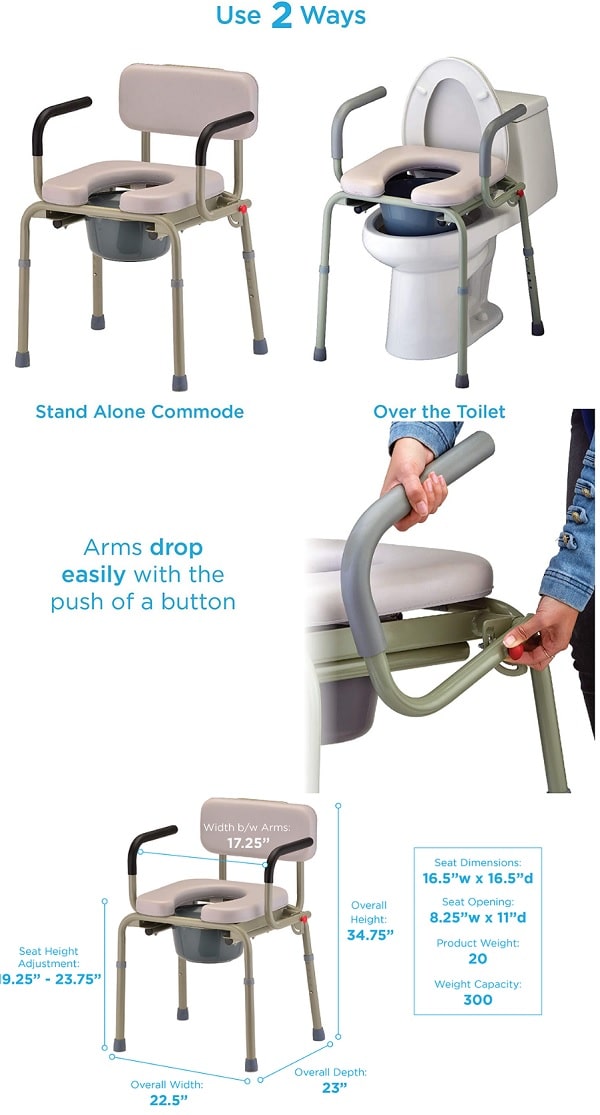 Drop Arm Bath Padded Commode Multi Purpose- 350 Lb Cap